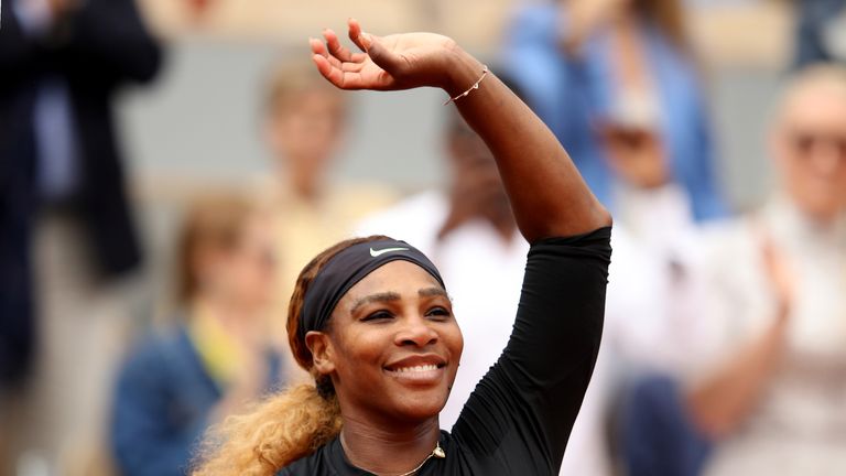 Serena Williams of The United States celebrates victory during her ladies singles first round match against Kurumi Nara of Japan during Day five of the 2019 French Open at Roland Garros on May 30, 2019 in Paris, France