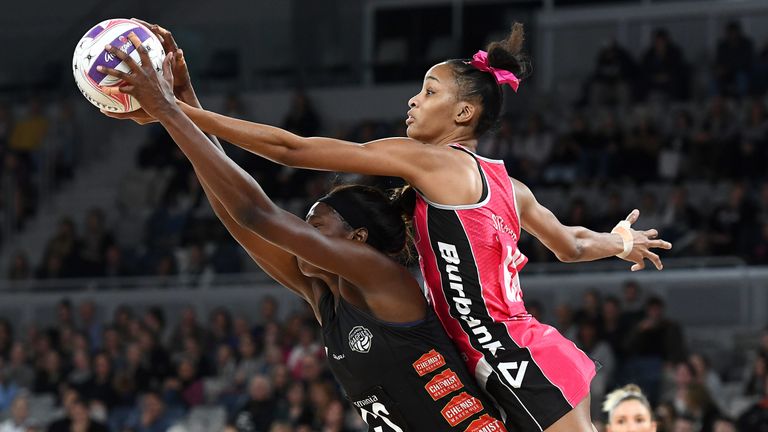 Shamera Sterling of the Thunderbirds competes for the ball during the Round 4 Super Netball