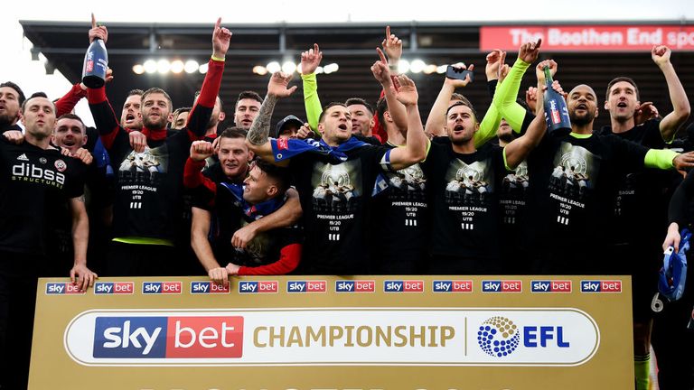 Sheffield United celebrate their promotion to the Premier League