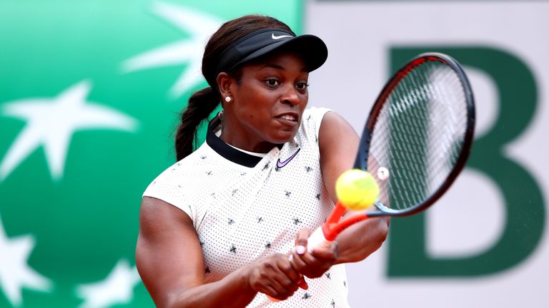 Sloane Stephens of The United States plays a backhand during her ladies singles second round match against Sara Sorribes Tormo of Spain during Day four of the 2019 French Open at Roland Garros on May 29, 2019 in Paris, France. 