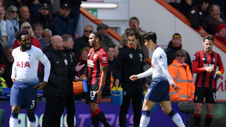 Tottenham's Heung-Min Son walks off after receiving a red card against Bournemouth.