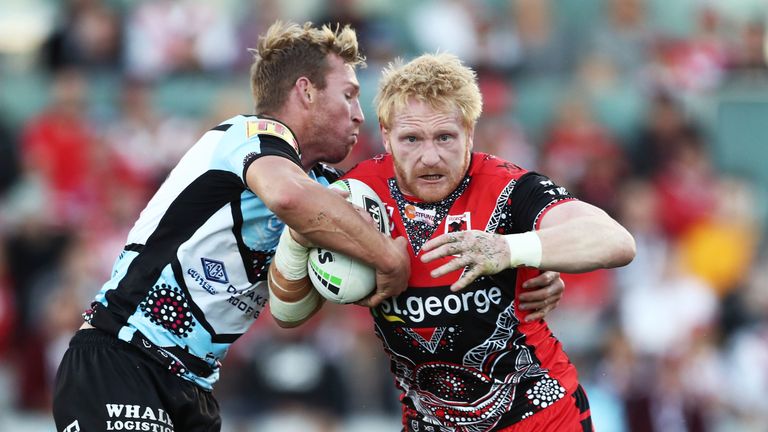 SYDNEY, AUSTRALIA - MAY 26: James Graham of the Dragons is tackled during the round 11 NRL match between the St George Illawarra Dragons and the Cronulla Sharks at WIN Jubilee Stadium on May 26, 2019 in Sydney, Australia. (Photo by Matt King/Getty Images)