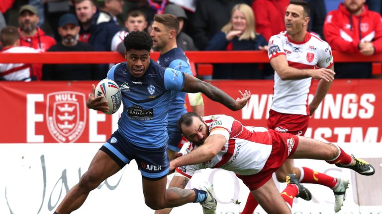 Kevin Naiqama scores one of his three tries against Hull KR