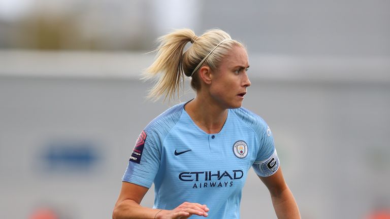Steph Houghton of Manchester City Women controls the ball during the Women's FA Cup Semi Final match between Manchester City Women and Chelsea Ladies at The Academy Stadium on April 14, 2019 in Manchester, England.