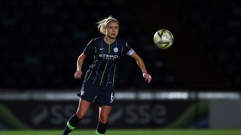Steph Houghton of Manchester City during the WSL match between Reading Women and Manchester City Women at Adams Park on March 13, 2019 in High Wycombe, England. 