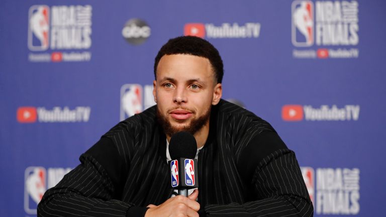 Stephen Curry of the Golden State Warriors speaks to the media during a press conference after Game 1 of the NBA Finals against the Toronto Raptors