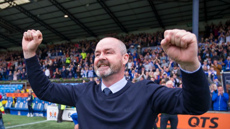 Kilmarnock manager Steve Clarke celebrates after his team secured a place in Europe next season after defeating Rangers 2-1