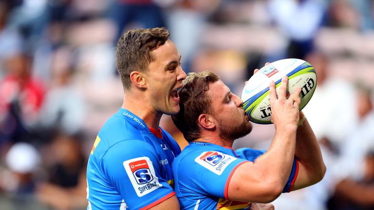 CAPE TOWN, SOUTH AFRICA - MAY 25: Dan Kriel celebrates the try of Jean-Luc du Plessis of the Stormers during the Super Rugby match between DHL Stormers and Highlanders at DHL Newlands Stadium on May 25, 2019 in Cape Town, South Africa. (Photo by Carl Fourie/Gallo Images)