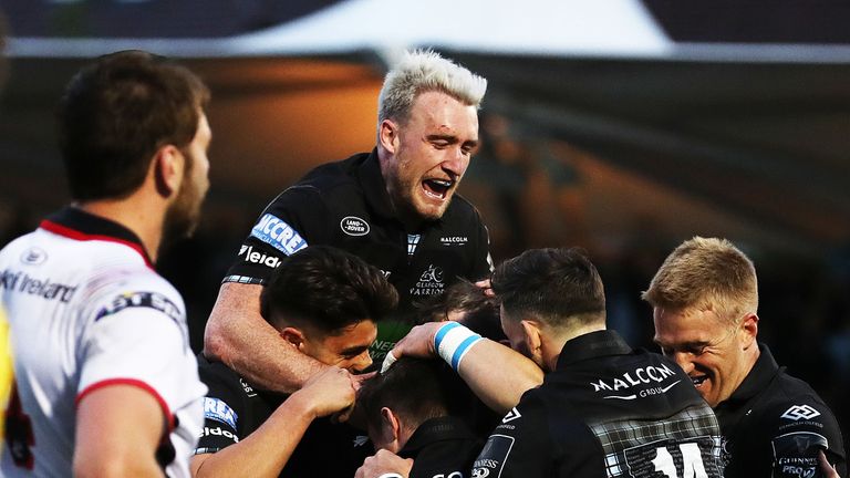 GLASGOW, SCOTLAND - MAY 17: Stuart Hogg of Glasgow Warriors celebrates after Pete Horne of Glasgow Warriors scores his team's sixth try during the Pro14 Semi Final match between Glasgow Warriors and Ulster at Scotstoun Stadium on May 16, 2019 in Glasgow, Scotland. (Photo by Ian MacNicol/Getty Images)