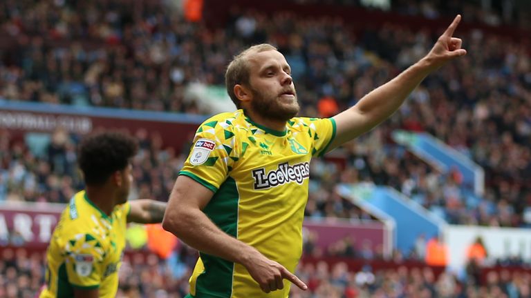 Teemu Pukki celebrates scoring the first goal of the game between Aston Villa and Norwich City