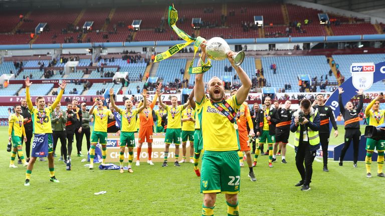 Teemu Pukki celebrates on the pitch at Villa Park after Norwich are confirmed as champions of the Sky Bet EFL Championship