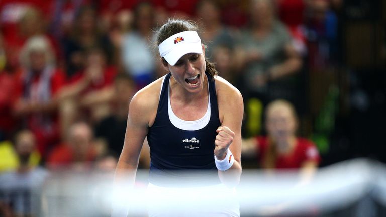 Johanna Konta of Great Britain celebrates winning a point during her second singles match against Kazakhstan's Yulia Putintseva during the Fed Cup World Group II Play-Off match between Great Britain and Kazakhstan at Copper Box Arena on April 21, 2019 in London, England. 