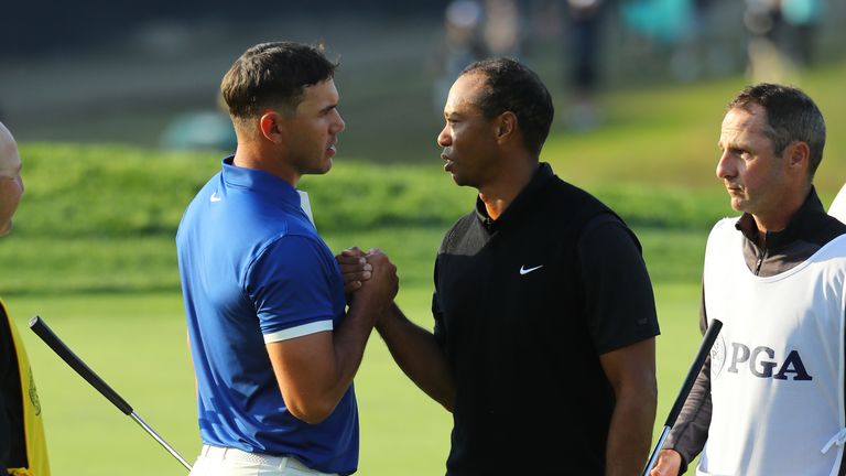 Tiger Woods and Brooks Koepka during the second round of the PGA Championship