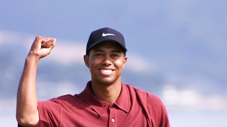 Tiger Woods celebrates his record-breaking US Open victory in 2000