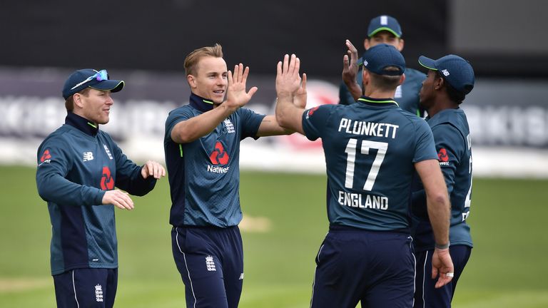 DUBLIN, IRELAND - MAY 03: Tom Curran of England celebrates after taking the opening wicket during the ODI cricket match between Ireland and England at Malahide Cricket Club on May 3, 2019 in Dublin, Ireland. (Photo by Charles McQuillan/Getty Images)