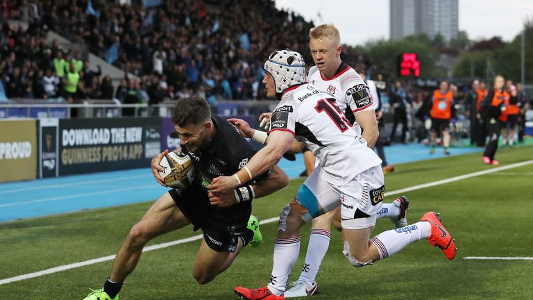 Tommy Seymour goes over for one of his two tries in Glasgow's win against Ulster