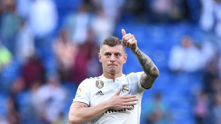 Toni Kroos gives the thumbs up gesture following a La Liga match between Real Madrid and Celta Vigo on March 16, 2019 