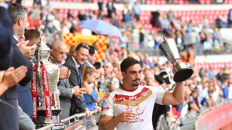 Tony Gigot with the Lance Todd Trophy after the 2018 Challenge Cup final