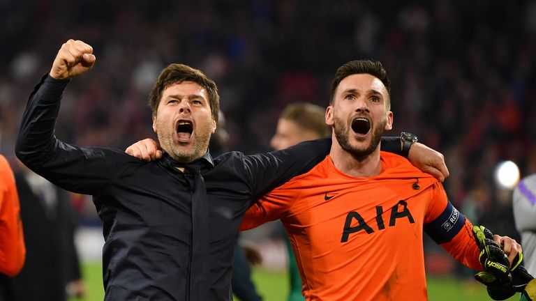 AMSTERDAM, NETHERLANDS - MAY 08: Mauricio Pochettino, Manager of Tottenham Hotspur celebrates victory with Hugo Lloris of Tottenham Hotspur after the UEFA Champions League Semi Final second leg match between Ajax and Tottenham Hotspur at the Johan Cruyff Arena on May 08, 2019 in Amsterdam, Netherlands. (Photo by Dan Mullan/Getty Images )