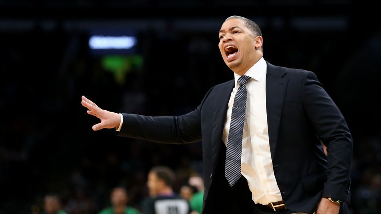 Tyronn Lue head coach of the Cleveland Cavaliers directs his team during the preseason game against the Boston Celtics at TD Garden on October 2, 2018 in Boston, Massachusetts. 