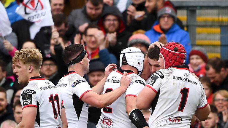 4 May 2019; Nick Timoney of Ulster is congratulated by team-mates after scoring his side's first try during the Guinness PRO14 quarter-final match between Ulster and Connacht at Kingspan Stadium in Belfast. Photo by David Fitzgerald/Sportsfile