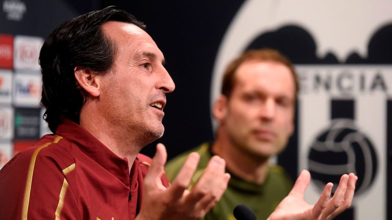 Arsenal's Spanish coach Unai Emery holds a press conference at the Mestalla stadium in Valencia on May 8, 2019 on the eve of the UEFA Europa League semi-final second leg football match between Valencia and Arsenal. (Photo by JOSE JORDAN / AFP) (Photo credit should read JOSE JORDAN/AFP/Getty Images)