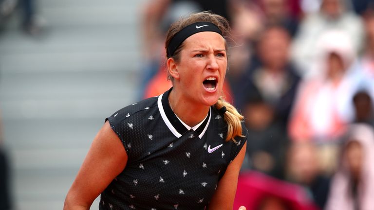 Victoria Azarenka of Belarus celebrates victory during her ladies singles first round match against Jelena Ostapenko of Latvia during Day three of the 2019 French Open at Roland Garros on May 28, 2019 in Paris, France.