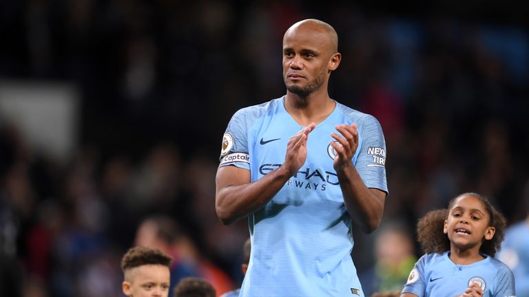 Vincent Kompany applauds the fans after his winner gave City the win over Leicester