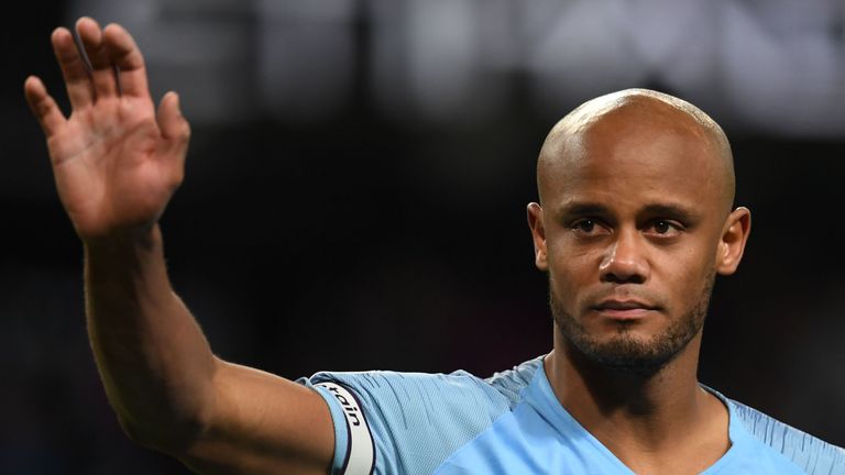 Vincent Kompany waves during a lap of the pitch following Manchester City's 1-0 win over Leicester City at the Etihad Stadium 