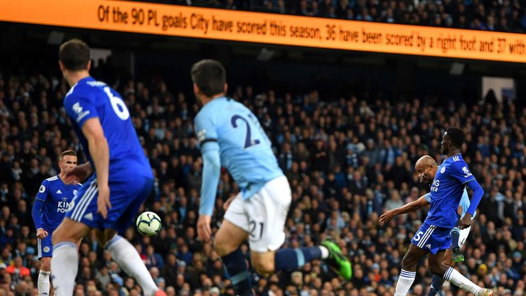 Vincent Kompany shoots from range to make it 1-0 vs Leicester City at the Etihad Stadium