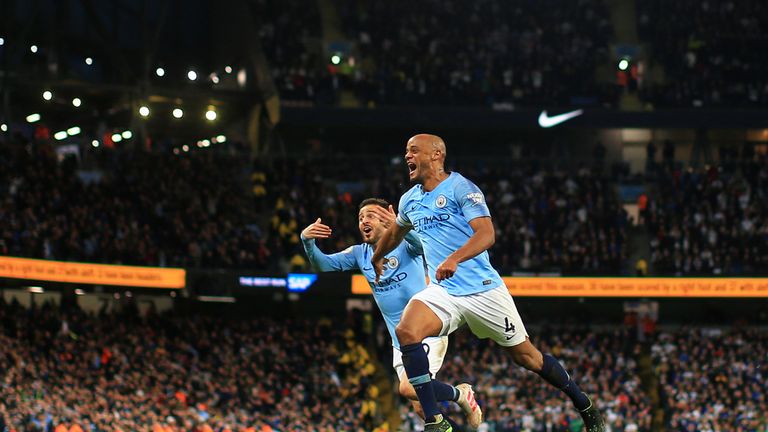 Vincent Kompany celebrates after giving Manchester City the lead at home to Leicester City