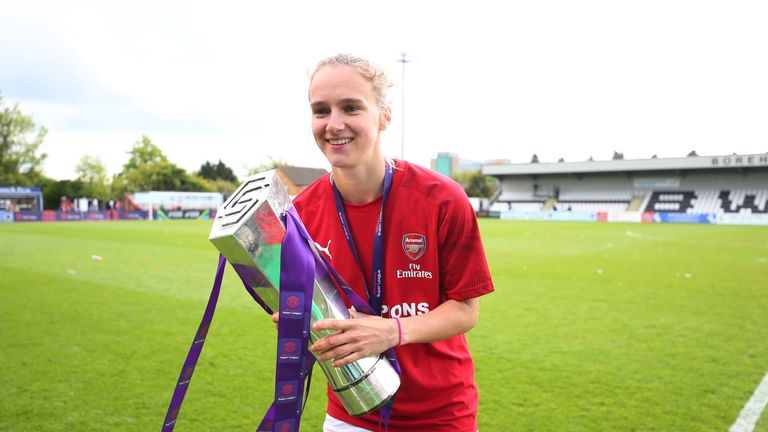 Arsenal striker Vivianne Miedema pictured with the WSL Trophy at Meadow Park, Borehamwood