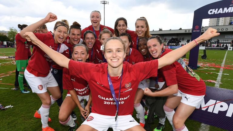 Vivienne Miedema leads the Arsenal celebrations after winning the WSL title