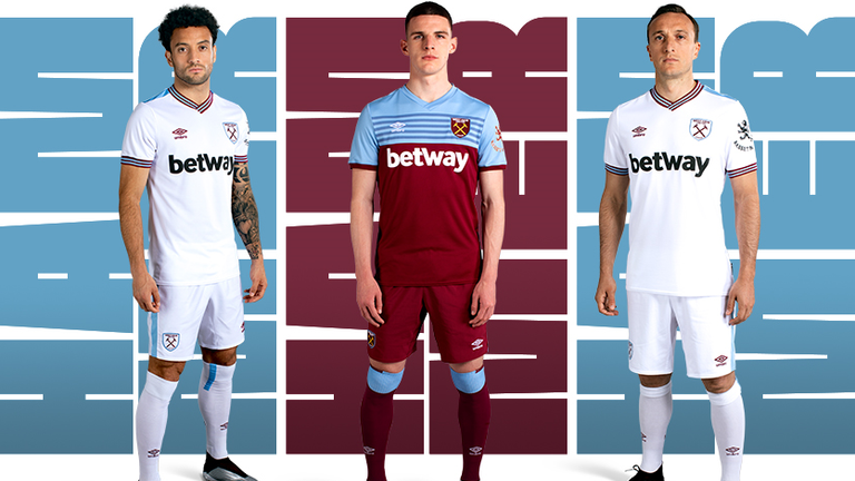 Felipe Anderson, Declan Rice and Mark Noble model the new West Ham strips
