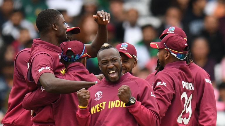 Andre Russell celebrates as West Indies claim another Pakistan wicket