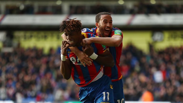 Wilfried Zaha (L) and Andros Townsend (R) celebrate a Crystal Palace goal