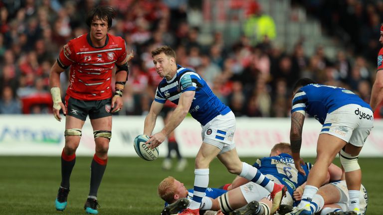 GLOUCESTER, ENGLAND - APRIL 13: Will Chudley of Bath passes the ball during the Gallagher Premiership Rugby match between Gloucester Rugby and Bath Rugby at Kingsholm Stadium on April 13, 2019 in Gloucester, United Kingdom. (Photo by David Rogers/Getty Images)
