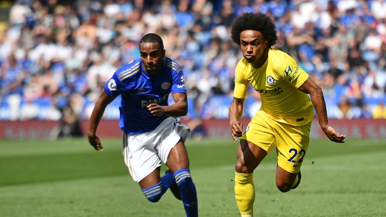 Willian and Ricardo Pereira in action at the King Power Stadium