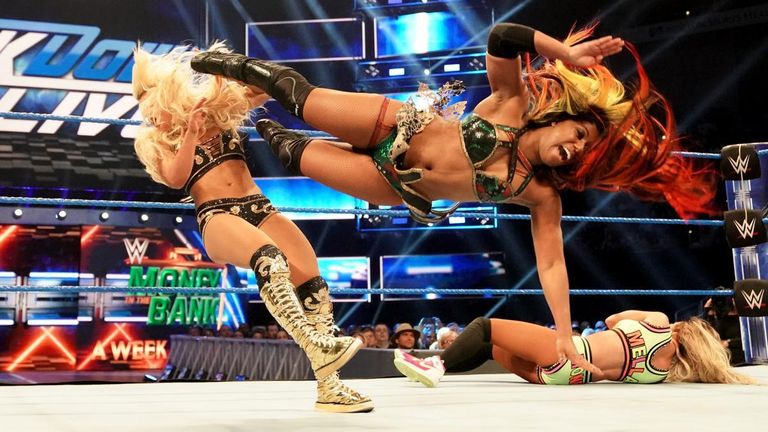 ember moon and carmella face mandy rose and sonya deville on wwe smackdown