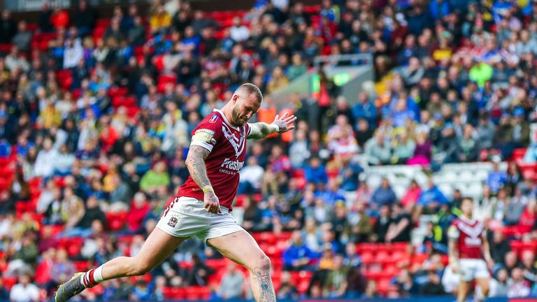 Picture by Alex Whitehead/SWpix.com - 25/05/2019 - Rugby League - Betfred Super League - 2019 Dacia Magic Weekend - Wigan Warriors v Warrington Wolves - Anfield, Liverpool, England - Wigan's Zak Hardaker kicks for goal.