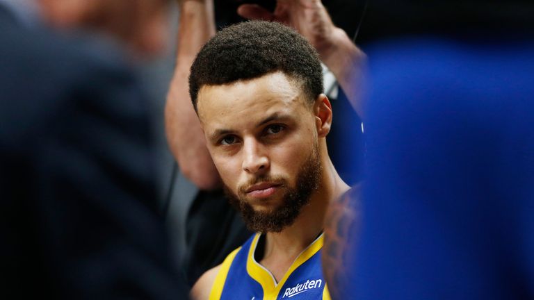 Stephen Curry pictured on the Golden State Warriors bench during the Western Conference Finals