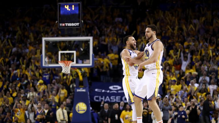 Splash Brothers Stephen Curry and Klay Thompson celebrate the Warriors' victory