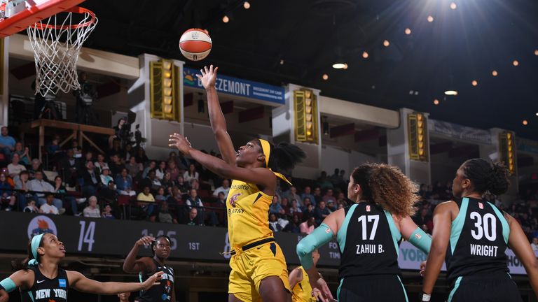 Indiana Fever rookie Teaira McCowan of the Indiana Fever shoots the ball against the New York Liberty