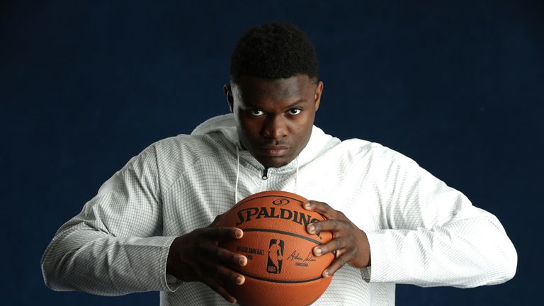 Projected No 1 Draft pick Zion Williamson poses ahead of the lottery