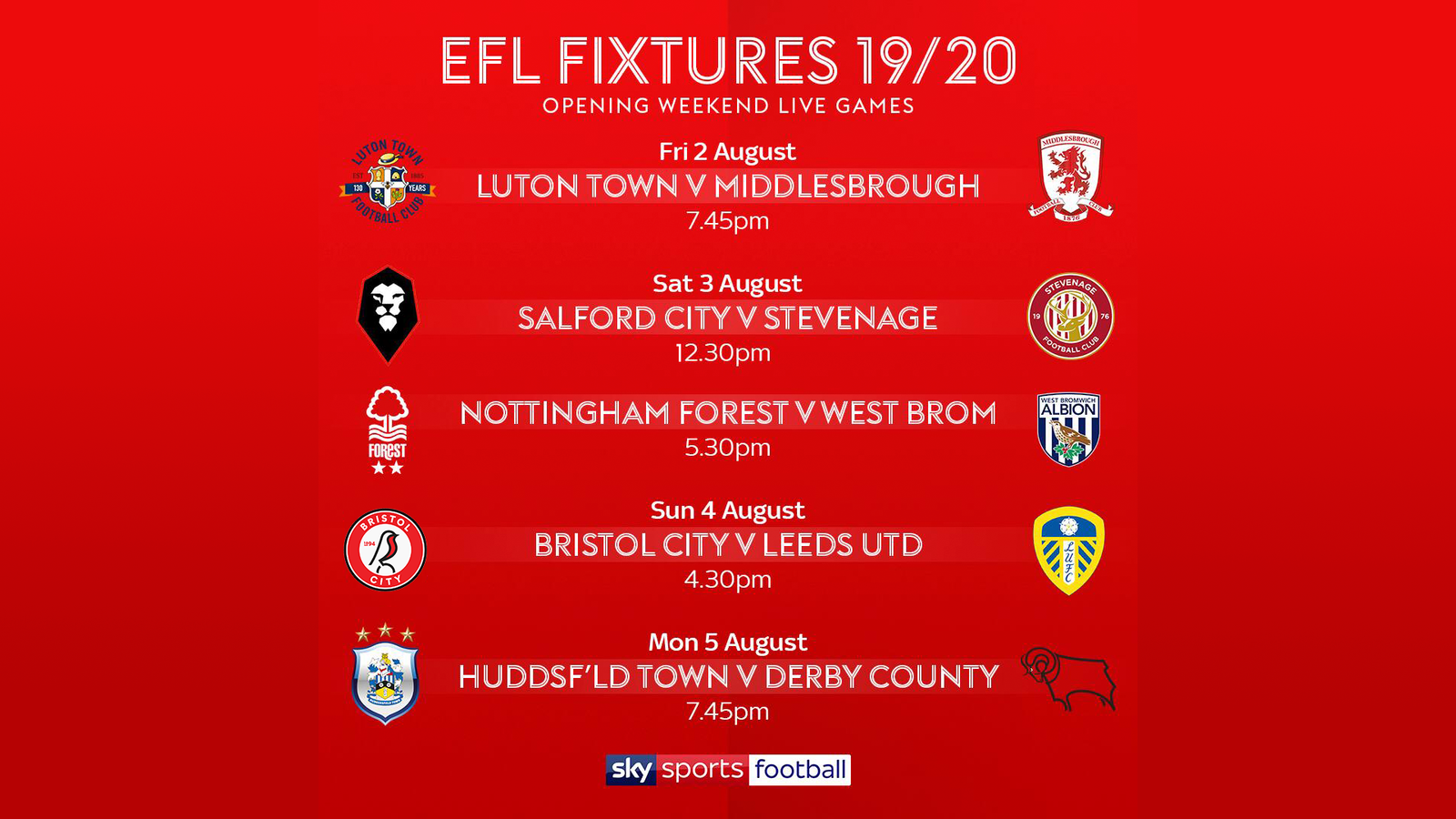EFL fixtures live on Sky Sports Leeds, Derby, Nottingham Forest
