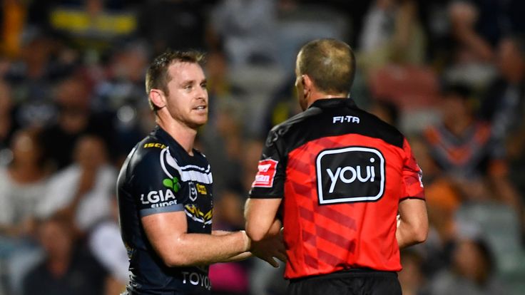 TOWNSVILLE, AUSTRALIA - JUNE 14: Michael Morgan of the Cowboys speaks with the referee during the round 14 NRL match between the North Queensland Cowboys and the Wests Tigers at 1300SMILES Stadium on June 14, 2019 in Townsville, Australia. (Photo by Ian Hitchcock/Getty Images)