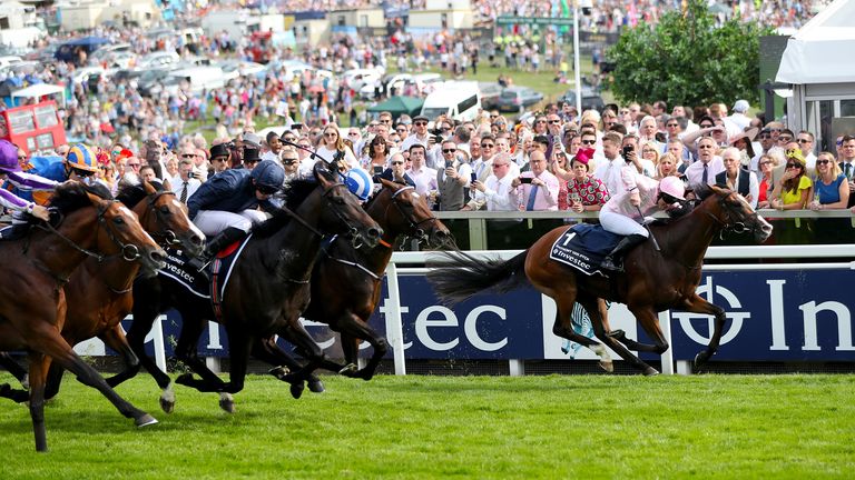 Anthony Van Dyke ridden by Jockey Seamie Heffernan on the way to winning the Investec Derby Stakes during Derby Day of the 2019 Investec Derby Festival at Epsom Racecourse, Epsom. PRESS ASSOCIATION Photo. Picture date: Saturday June 1, 2019. See PA story RACING Epsom. Photo credit should read: Simon Cooper/PA Wire. RESTRICTIONS: Editorial Use only, commercial use is subject to prior permission from The Jockey Club
