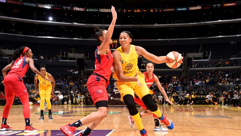 Candace Parker attacks the Mystics defense on her return for the Los Angeles Sparks