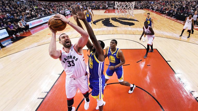 Draymond Green rises to block Marc Gasol during Game 1 of the NBA Finals