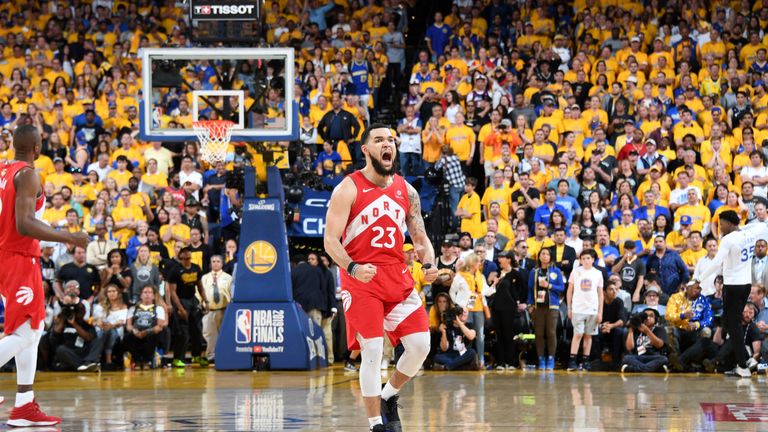 Fred VanVleet celebrates after hitting a go-ahead three-pointer in Game 6 of the NBA Finals